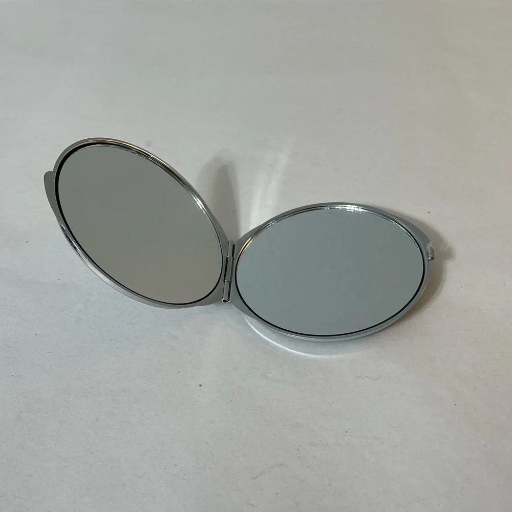 Vintage compact mirror travel floral vase design silver tone double sided